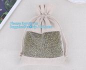 custom packaging mung bean cloth bag cotton hemp drawstring bag with clear plastic mesh window,Jute Drawstring Bag For G
