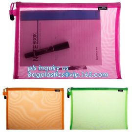 OEM mesh plastic A4 file bag with zipper, net netting document bag pouch, customized PEVA coated net polyester fabric fo