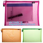 PVC Netting Zip lockk Document Bag with Pocket, A4 Size ladies plastic document bag for student, Netting surface PVC pen f