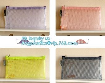 Zip lockk document file bag, Document File Folder /Document Bag, Mesh pattern plastic zip bag with handle file bag, slider