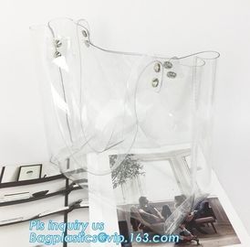 Tote Bags PVC Beach Lash Package Tote Shoulder Bag with Interior Pocket, Waterproof Semi-clear Tote Bags Stripe PVC Shou