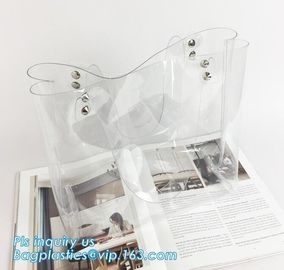 Tote Bags PVC Beach Lash Package Tote Shoulder Bag with Interior Pocket, Waterproof Semi-clear Tote Bags Stripe PVC Shou