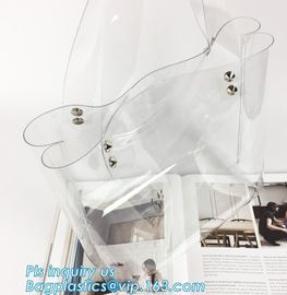 Tote Bags PVC Beach Lash Package Tote Shoulder Bag with Interior Pocket, Waterproof Semi-clear Tote Bags Stripe PVC Shou