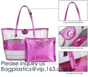 Waterproof All Over Printing PVC Coating Tote Shoulder Fabric Shopping Bag With Gusset And Lining,Jelly Clear Plastic PV