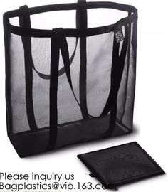 Mesh Canvas Cooler Shopper Tote Bag For Beach Foldable Large Open Polyester Shopper Tote Bag With Full Mesh Body, bageas