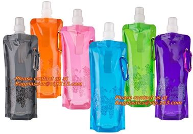 Spouted flexible foldable water bag with carabiner for running, flexible printing and lami