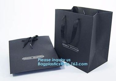 Gold embossed logo ribbon satin finish ribbon paper carrier bags with rope handles and ribbon bow fastener bagease pac