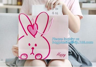 Pink paper bag Customized gold embossed Logo Gift Shopping Paper Bag With Ribbon Bow Handles Style,pink yellow, blue, pa