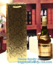 wine paper bag with handles,luxury glossy wine bottle gift paper bags,Gold Wine Gift Paper Bag with Ribbon Handles pack