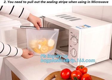 Storage preservation reusable silicone food bag,FDA reusable silicone storage food bag with Zip lockk in microwave bagease