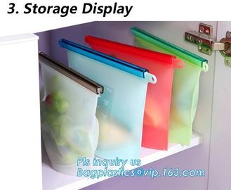 Storage preservation reusable silicone food bag,FDA reusable silicone storage food bag with Zip lockk in microwave bagease