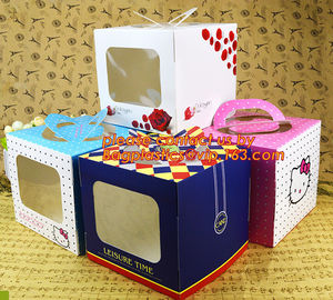 decorative personalized paper cake boxes, Custom artpaper handle cake box with PVC window, wedding cake boxes with handl