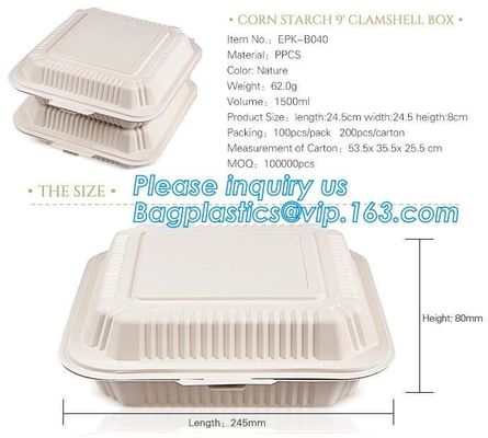 9 inch 3 compartment black food container corn starch clamshell,Corn Starch Food Container, Disposable Lunch Box package