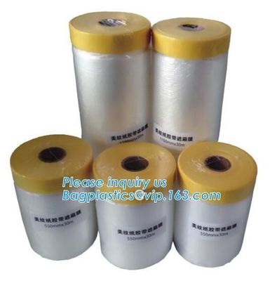 Disposable PE pre-taped self static cling masking film, Cover mask plastic drop film PE protection film with tape, BAGEA