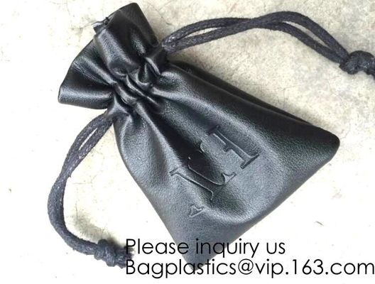 Black Color PU Leather Double Drawstring Protection Headphone Pouch Bag headphone pouchPU Leather Drawstring Promotiona