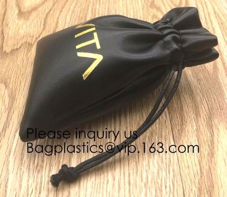 Black Pu Leather Drawstring Pouch Bag For Jewelry Earpiece,Electronics Storage Graven Branded Drawstring Soft PU Leather