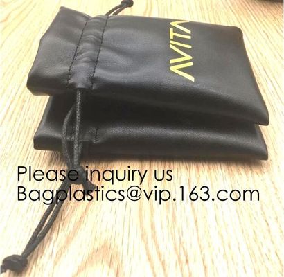 Black Pu Leather Drawstring Pouch Bag For Jewelry Earpiece,Electronics Storage Graven Branded Drawstring Soft PU Leather