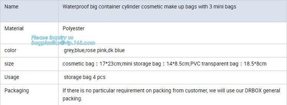 waterproof big container cylinder cosmetic make up bag with 3 mini bags, cosmetic bag, make up bag, bagplastics bagease