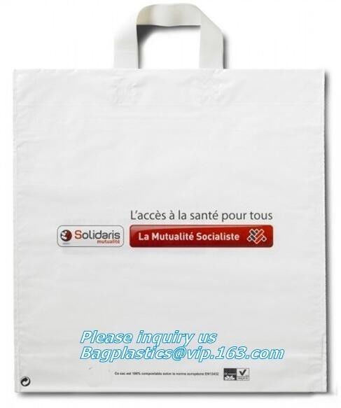 Custom design plant based compostable biodegradable HDPE soft loop handle plastic shopping bag, flexi soft loop handle p
