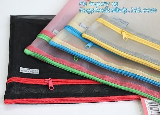 Zip lockk document file bag, Document File Folder /Document Bag, Mesh pattern plastic zip bag with handle file bag, slider