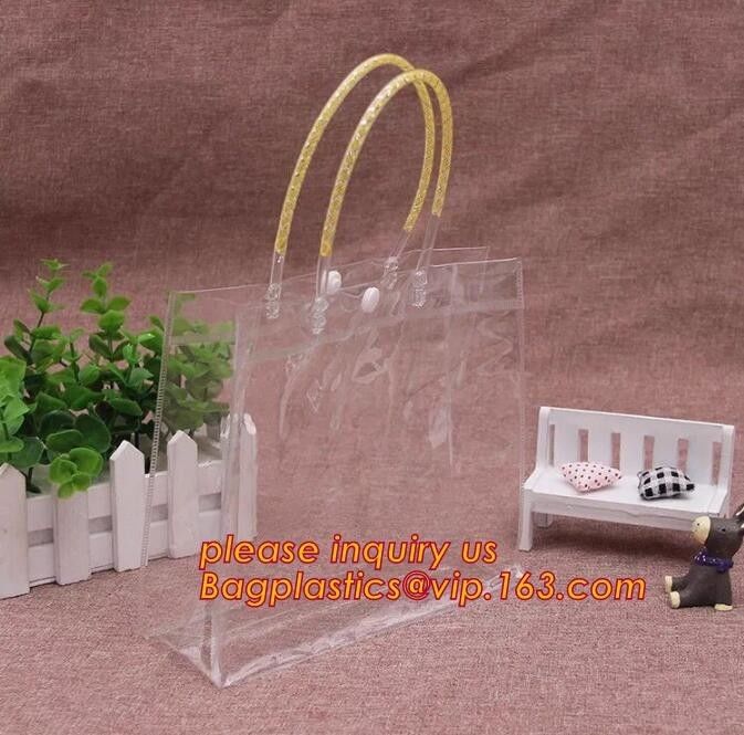 Promotion clear pvc cosmetic plastic handle bag pvc tote bags, recyclable PVC loop handle plastic bag, gift and shopping