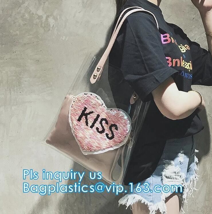Handle Style PVC Material Shopping Tote Bags, Vinyl PVC Tote Handle Cosmetic Handbag Swimming Bag for Girls, black mesh