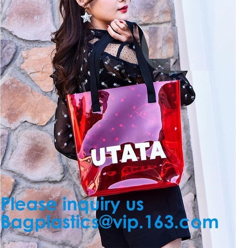 Vinyl PVC Shopping Bag, Shoulder Tote Bag Clear Waterproof Beach Handbag Custom Logo Handle Shopping Bag
