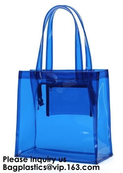 Beach Bag Clear PVC Bag Tote With Inner Pocket And Zipper Closure,PVC Bag Beach Tote With Black Handles, Bagease