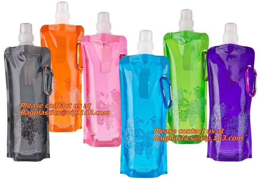 Spouted flexible foldable water bag with carabiner for running, flexible printing and lami