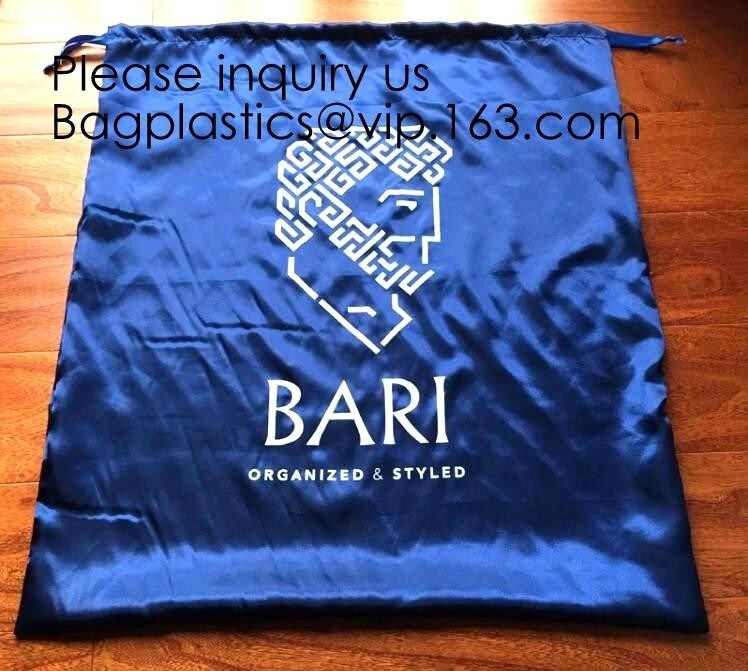 Large Dark Navy Blue Satin Dust Bag With Drawstring,Thick Black Satin Pouch With Gold Printing, bag with Printed Ribbon
