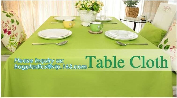 Disposable tnt pp spunbond non woven table cloth, modern luxury restaurant dining used non woven long teal pvc plastic t